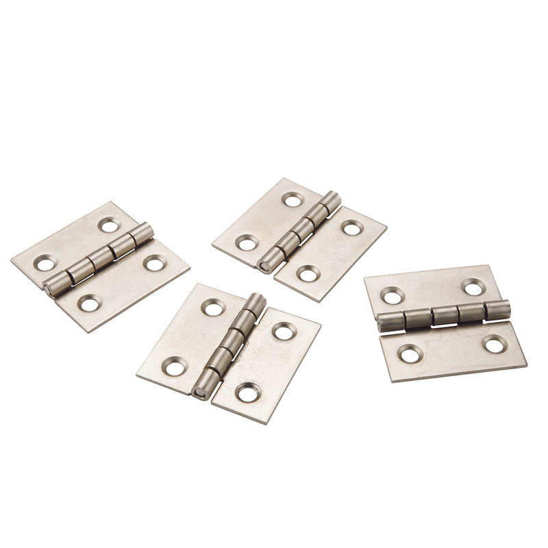 Miniature Hinge Open with Screws - Pair - Style:Broad - Size:1" x 1" - Finish:Satin Nickel